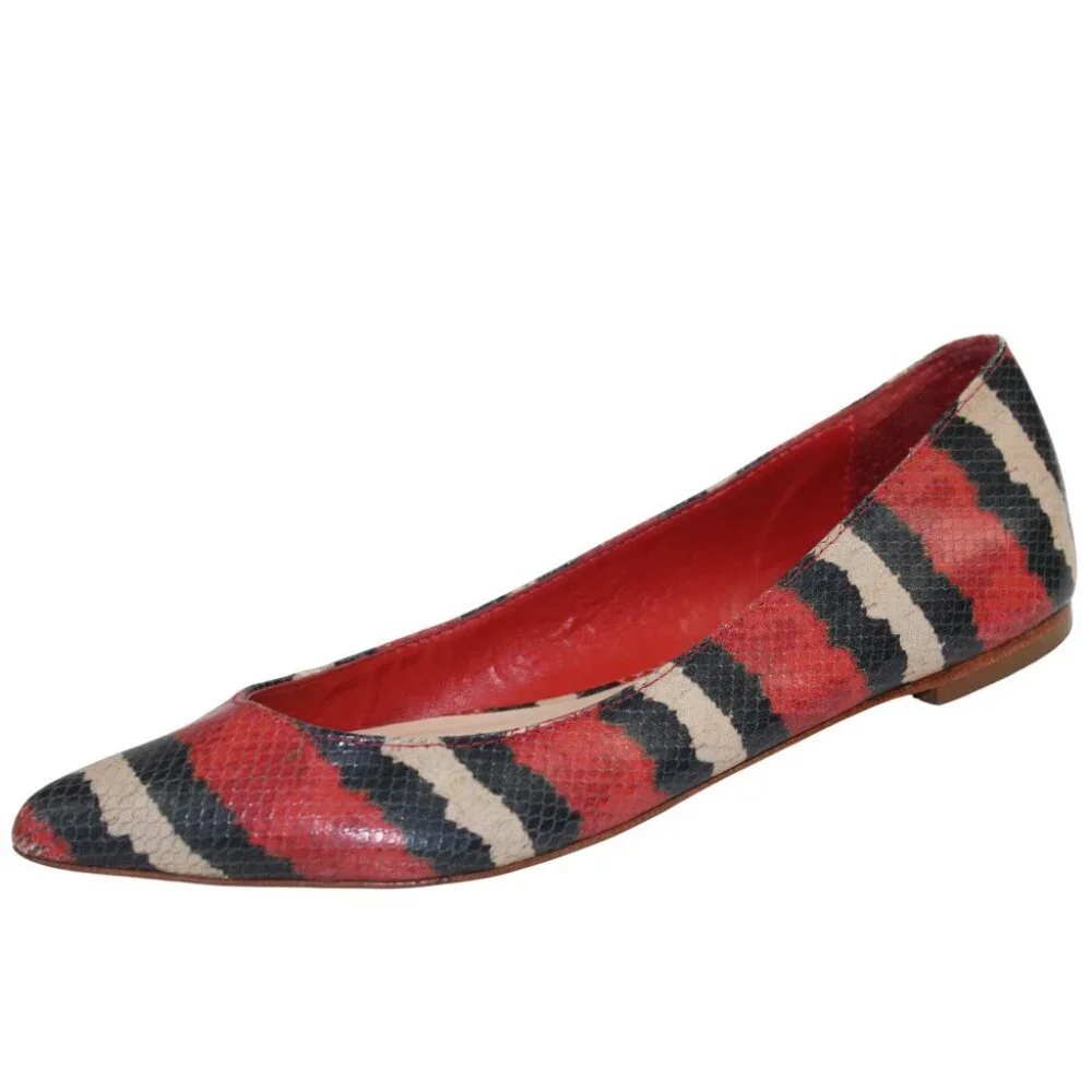Loeffler Randall Statement Striped Pointed Toe Flats Red Black White Size 6
